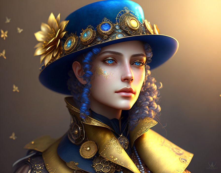 Digital artwork featuring woman with blue eyes, braided hair, golden and blue hat, attire, and