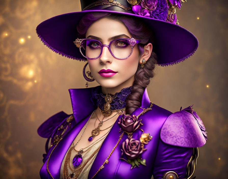 Victorian woman with braid in purple attire and roses on golden background