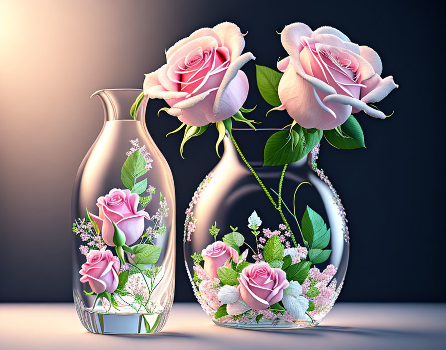 Glass vases with intricate rose designs and pink roses on gradient background.