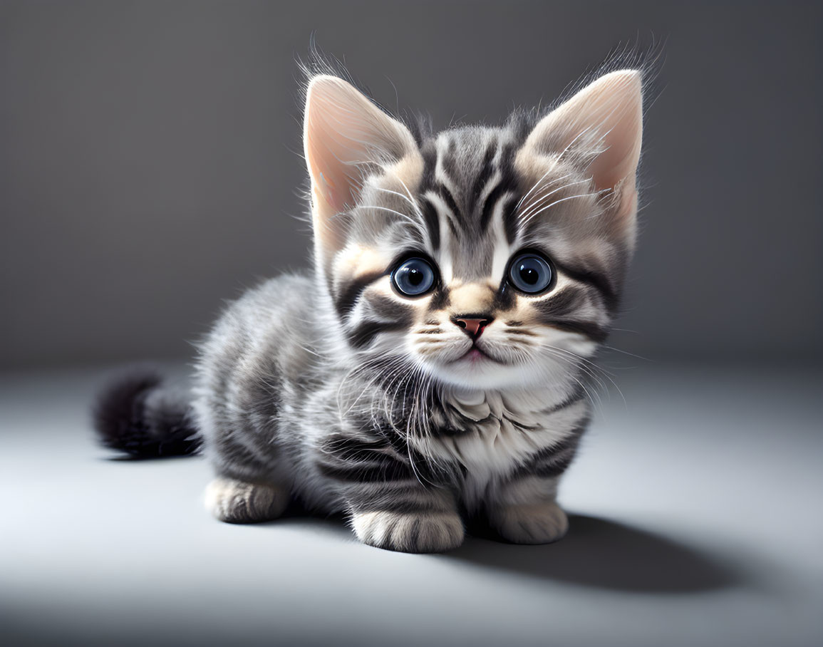 Fluffy tabby kitten with blue eyes and stripes on gray surface