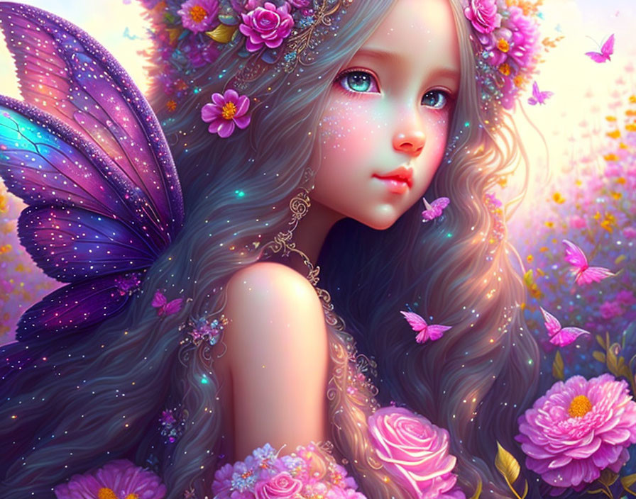 Fantasy digital artwork of female creature with purple butterfly wings