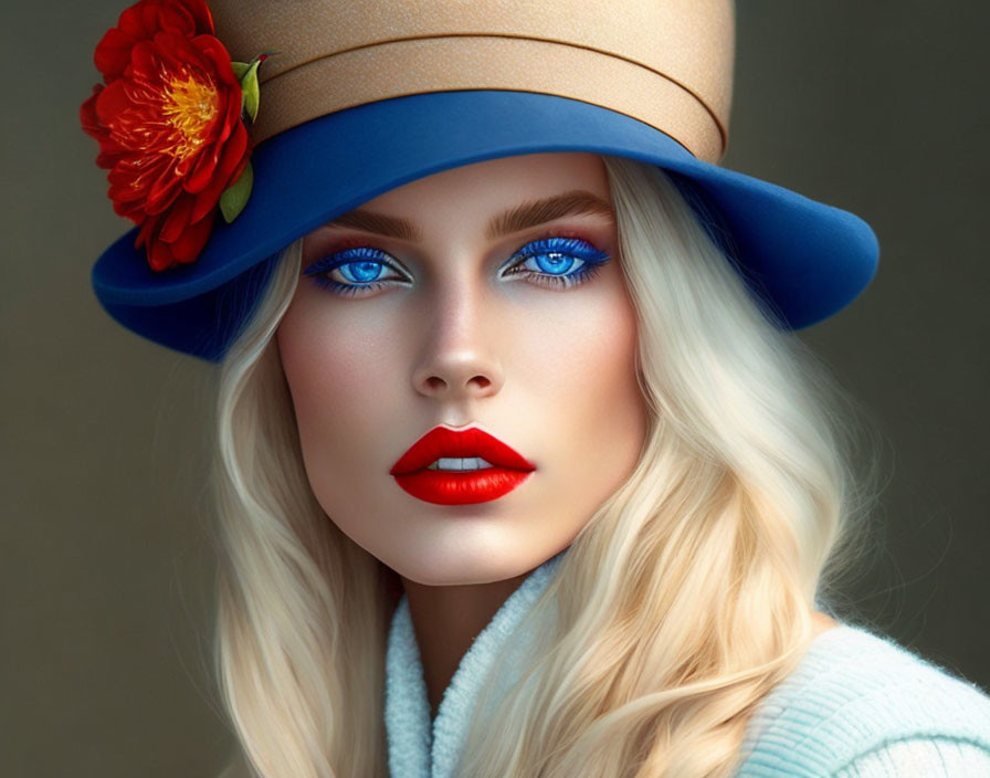 Woman with Blue Eyes and Red Lipstick in Stylish Blue Hat with Red Flower