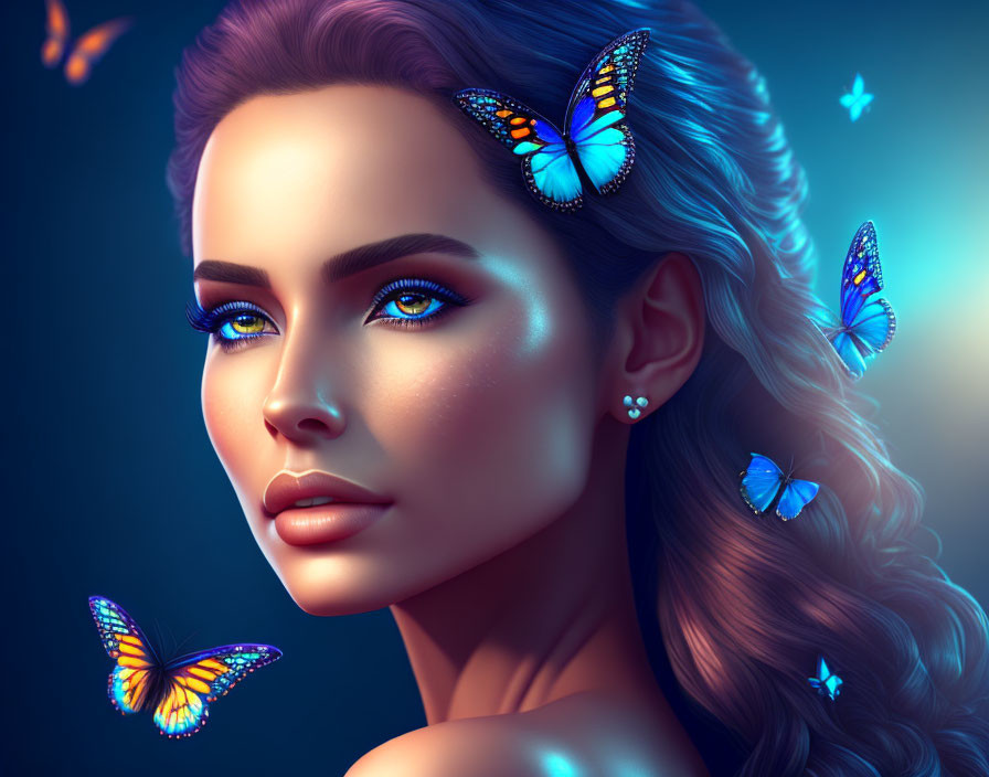 Woman with Blue Butterflies: Digital Artwork Featuring Serene Expression