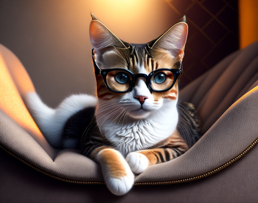 Cat with round glasses lounging on brown leather seat in luxurious setting