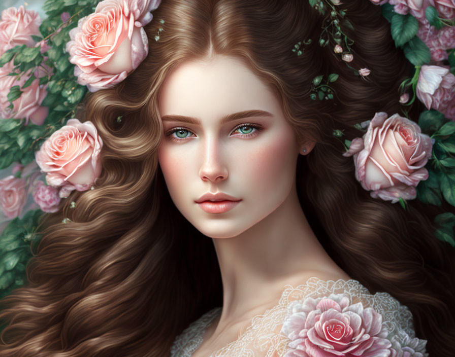 Portrait of Woman with Brown Hair, Pink Roses, and Green Eyes