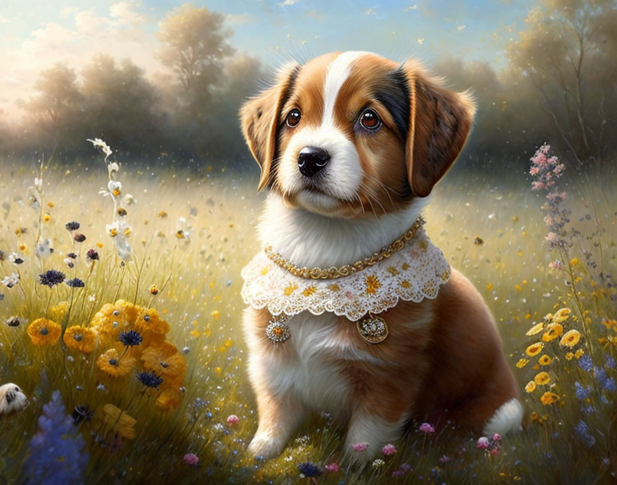 Adorable puppy with lace collar in colorful wildflower meadow