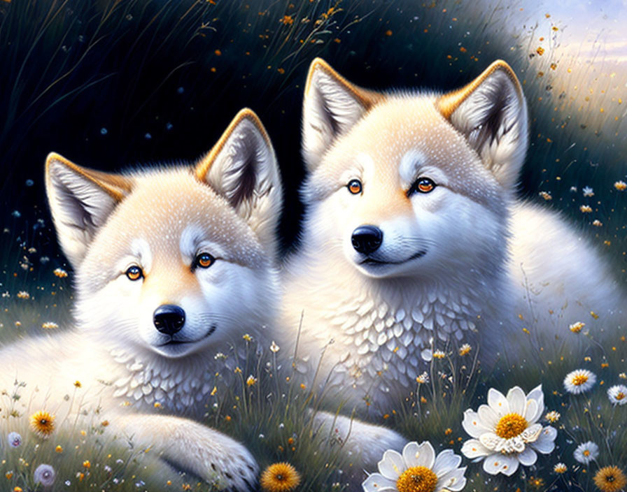 Illustrated white wolves in daisy field at twilight