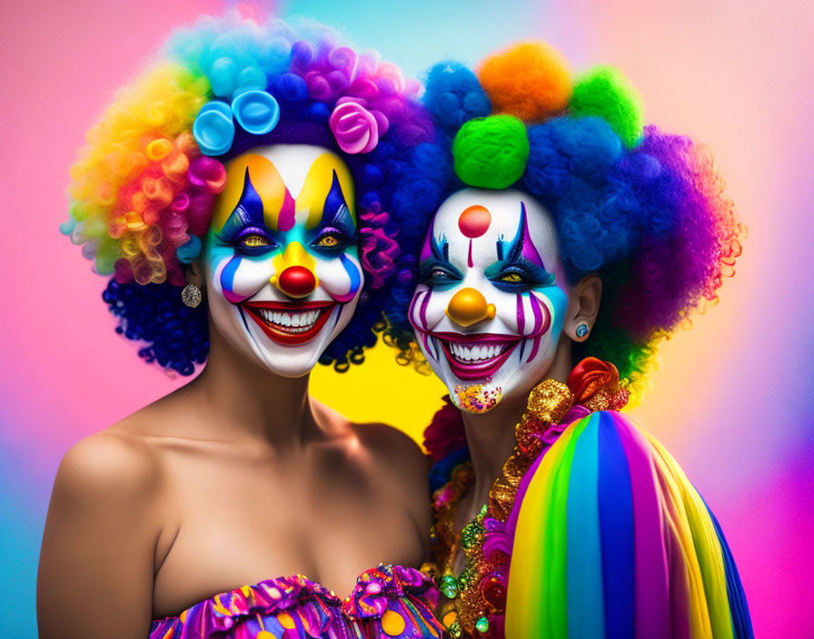 Colorful Clown Makeup and Rainbow Wigs on Smiling Duo