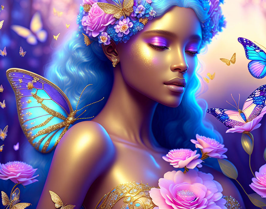 Blue-skinned woman with gold jewelry and pink flowers, surrounded by magical butterflies