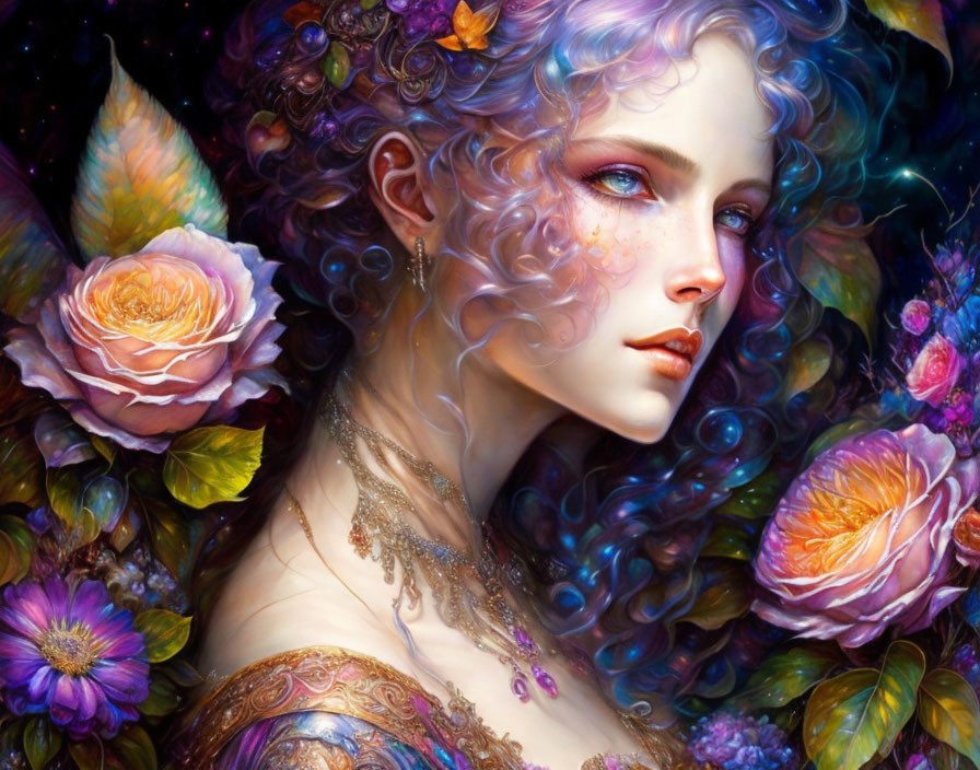 Colorful digital artwork of a fantasy woman with curly hair and floral jewelry