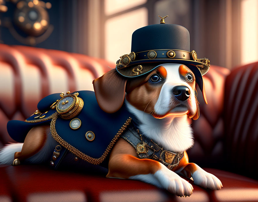 Steampunk-themed dog illustration on red sofa