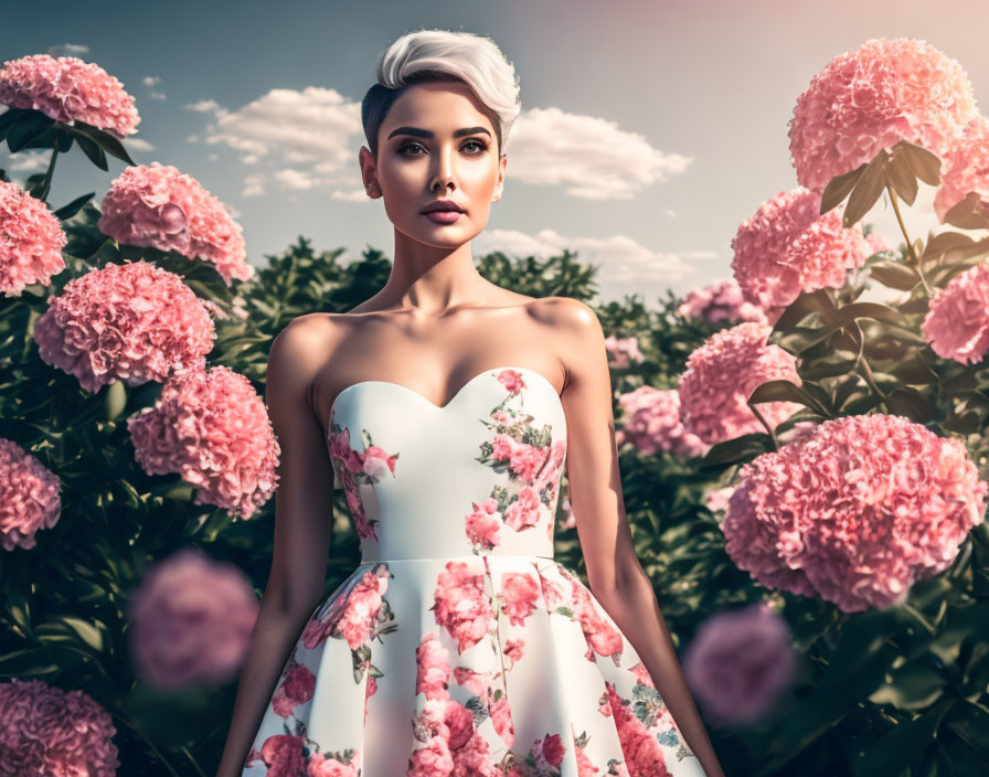 Woman with short white hair in floral dress surrounded by pink hydrangeas under bright sky