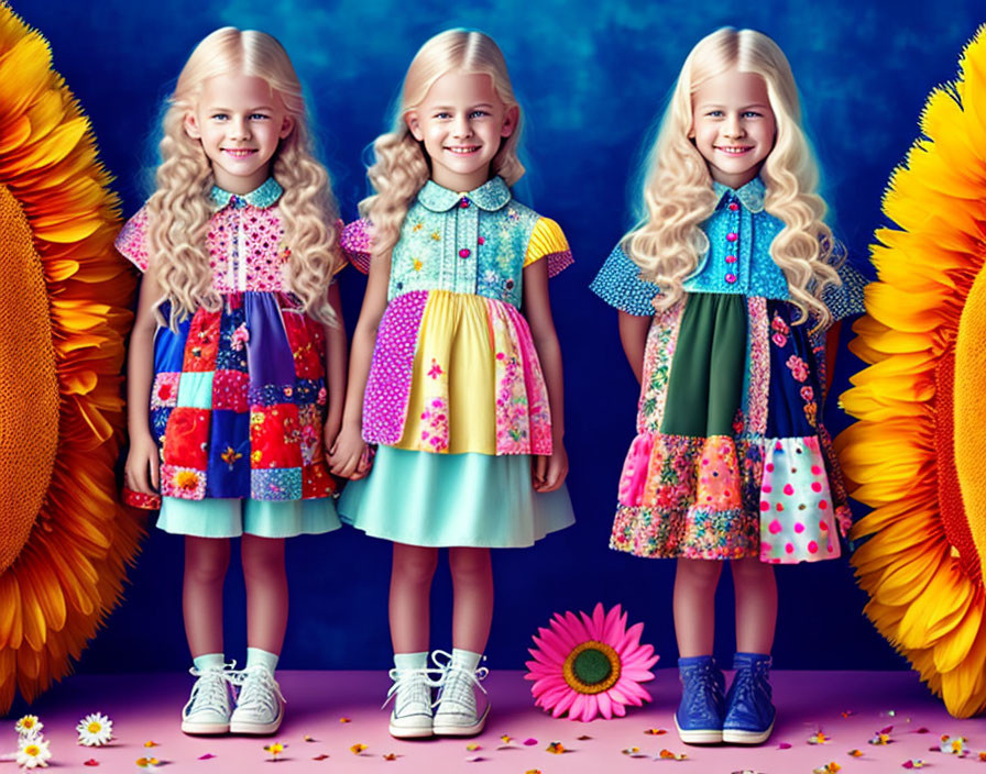 Three young girls in colorful dresses with sunflowers on blue background