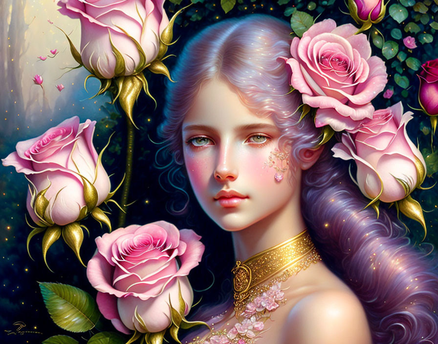 Fantastical woman with lavender hair and pink roses in digital art