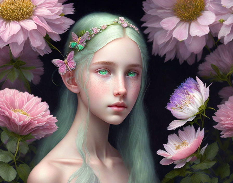 Young girl with mint green hair, flowers, butterflies, and pink peonies.