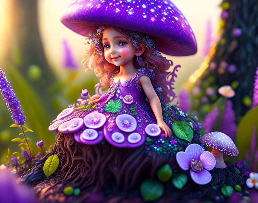 Colorful Fairy with Mushroom Cap in Enchanting Forest