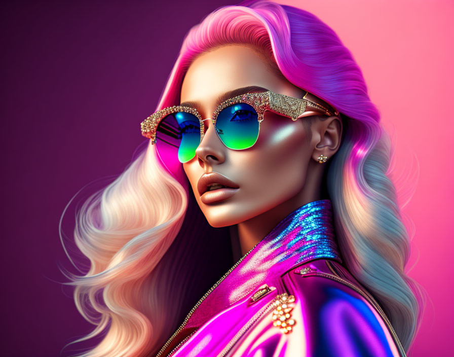 Vibrant pink hair woman in blue sunglasses and purple jacket