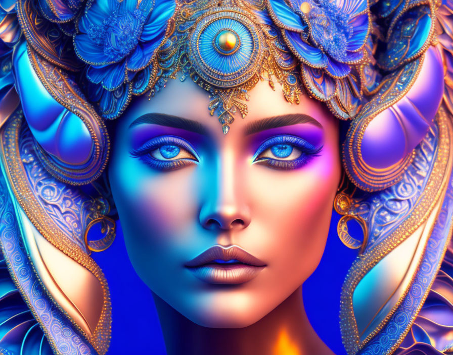 Vivid blue makeup and intricate golden headdress in detailed artwork