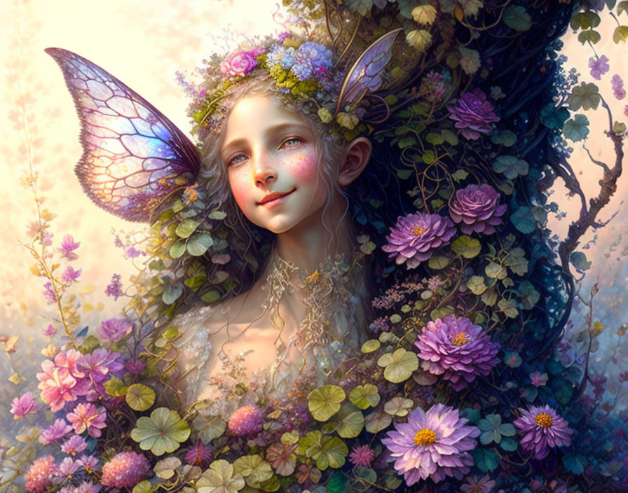 Whimsical fairy portrait with translucent wings and serene expression