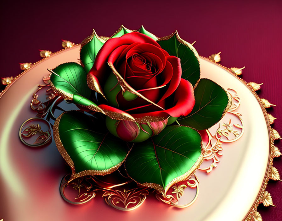 Digitally-rendered red rose with ornate green leaves on pink plate with gold details