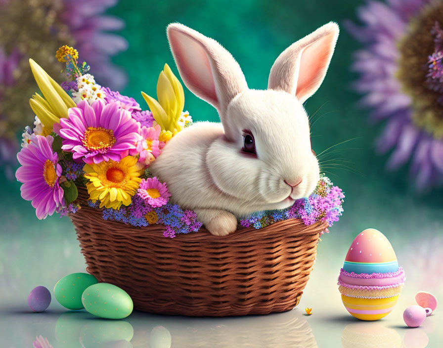 White Bunny in Woven Basket Surrounded by Colorful Flowers and Decorated Eggs