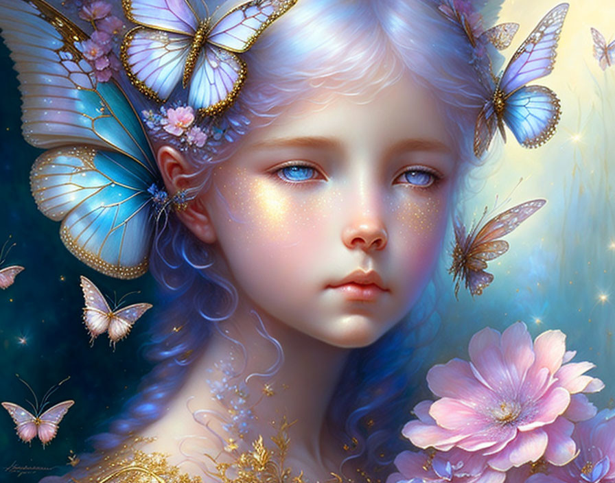 Portrait of young girl with pale blue hair, luminescent butterflies, sparkling eyes, and pink flowers