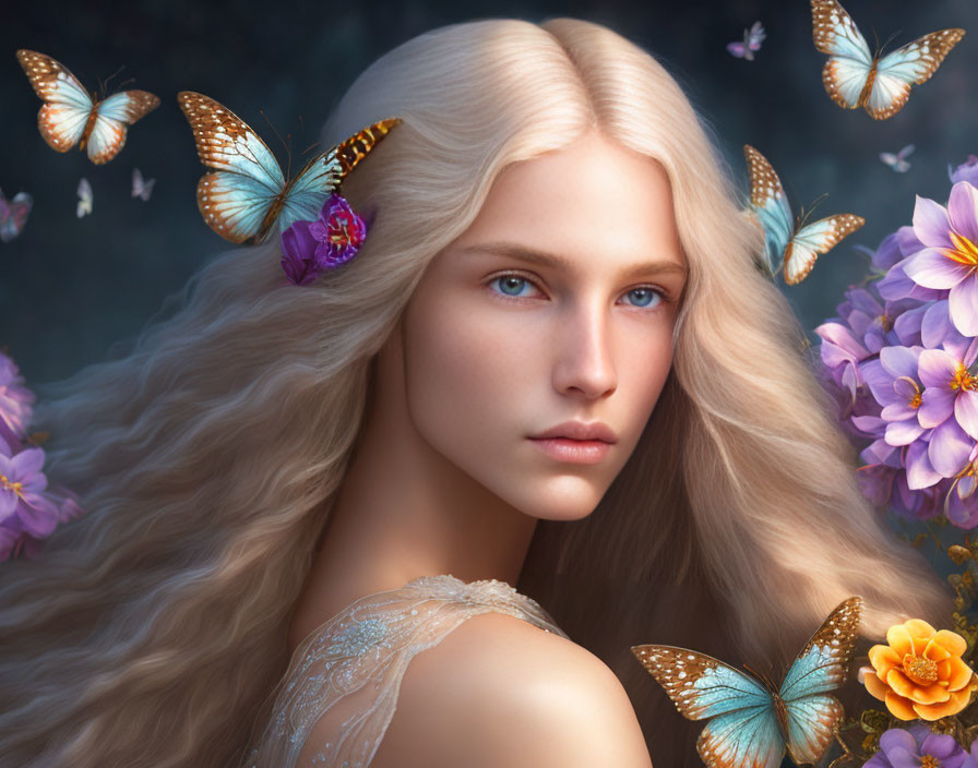 Fantasy portrait: Woman with long wavy hair, butterflies, and flowers