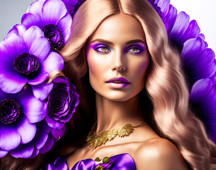 Blonde woman with purple makeup and dress among vibrant flowers