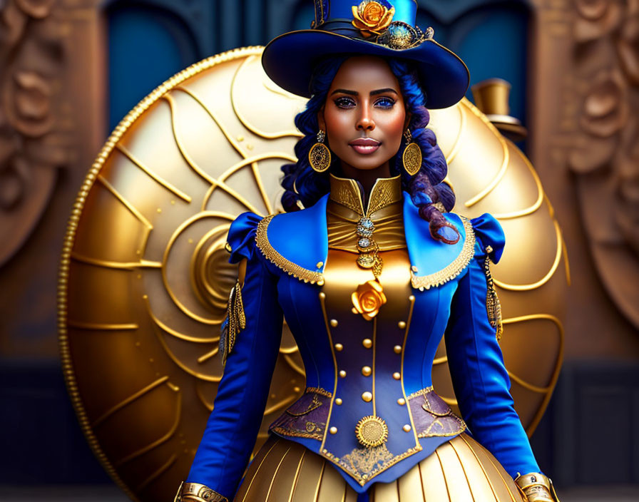 Luxurious Blue and Gold Steampunk Outfit with Hat on Woman