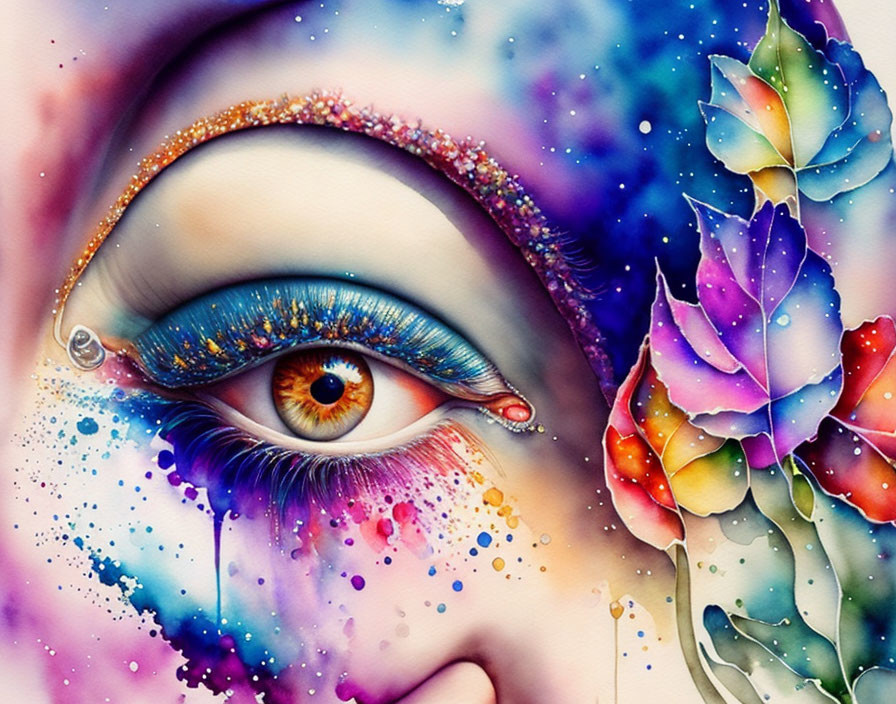 Colorful Watercolor Painting of Close-Up Eye with Teardrop