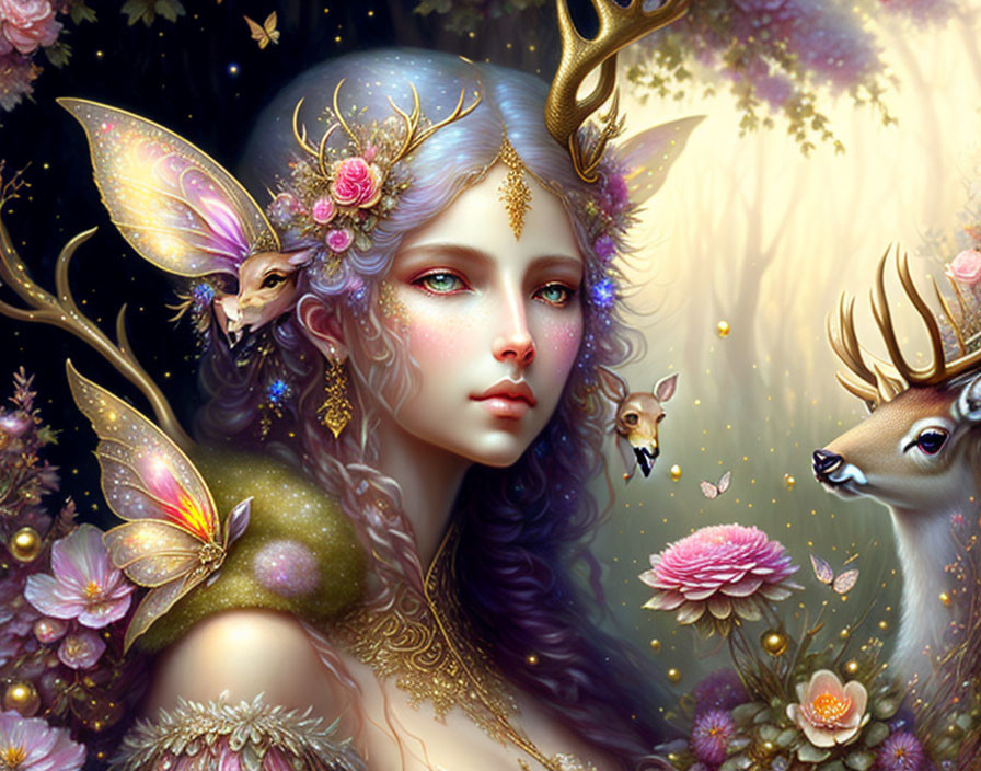 Mystical elf with golden antlers and butterfly wings in enchanted forest