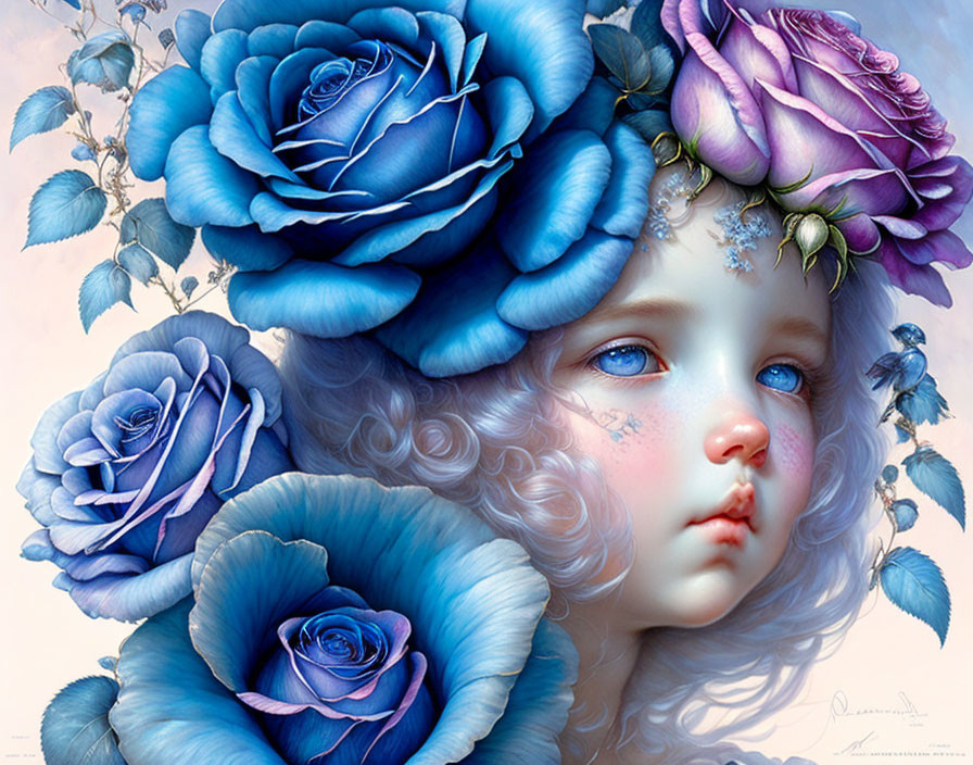 Surreal portrait: child's face merges with vibrant blue and pink roses on soft background