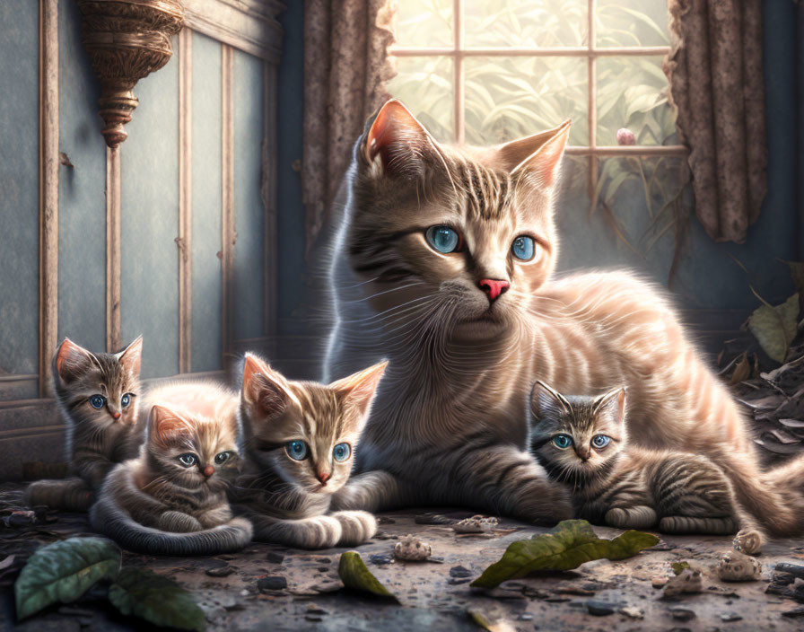 Mother cat and three kittens with blue eyes in serene room with leafy backdrop