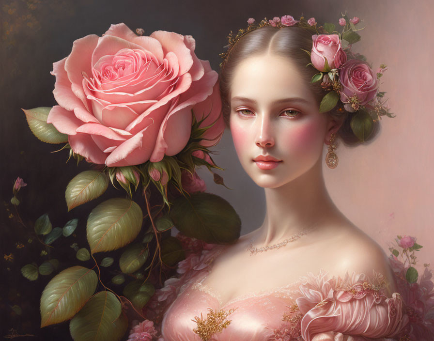 Portrait of woman with floral hair adornments and detailed pink rose