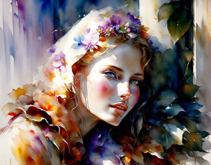 Vibrant watercolor portrait of a woman with floral headdress