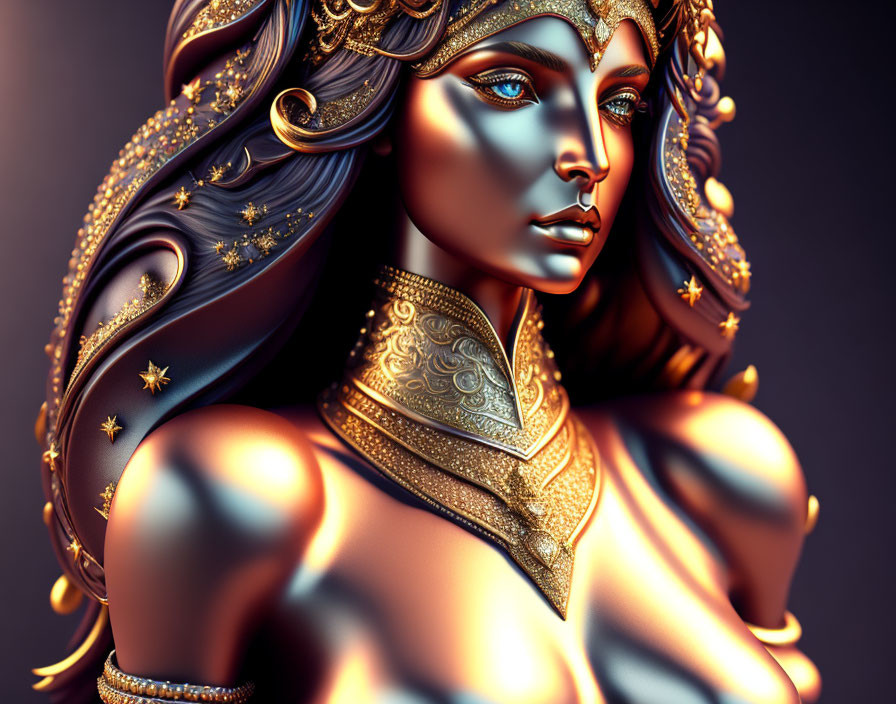 Mythical female figure in golden armor with star details