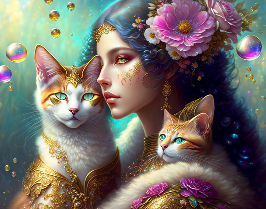 Colorful artwork featuring woman with blue hair, flower crown, cats, and bubbles