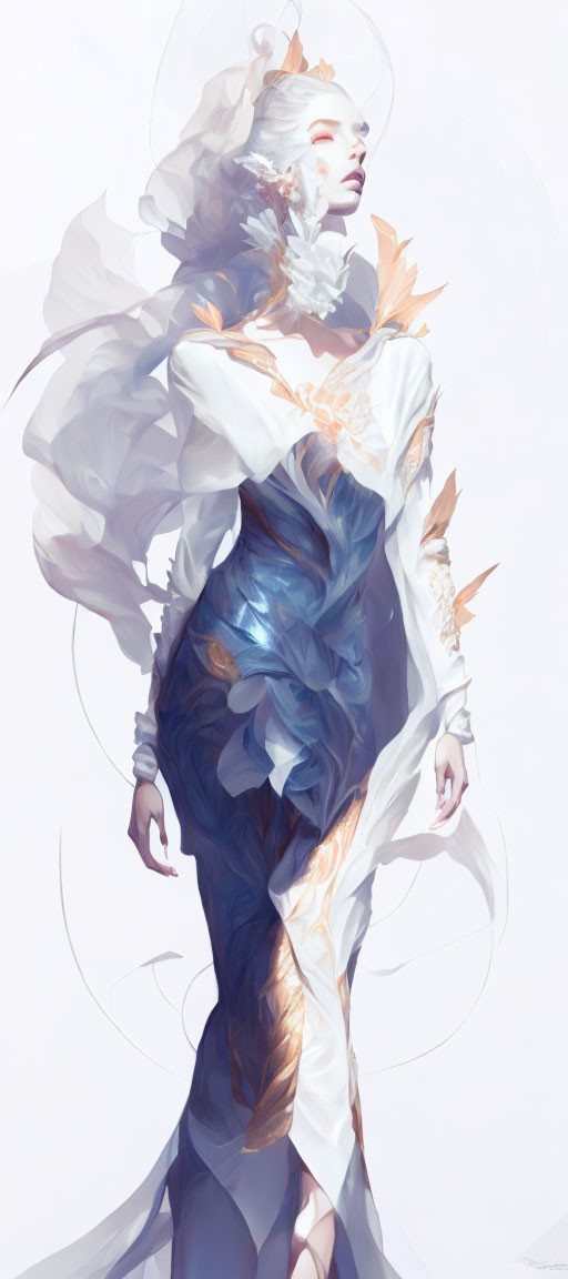 Ethereal figure in blue and white gown with gold accents, eyes closed, surrounded by cloud-like