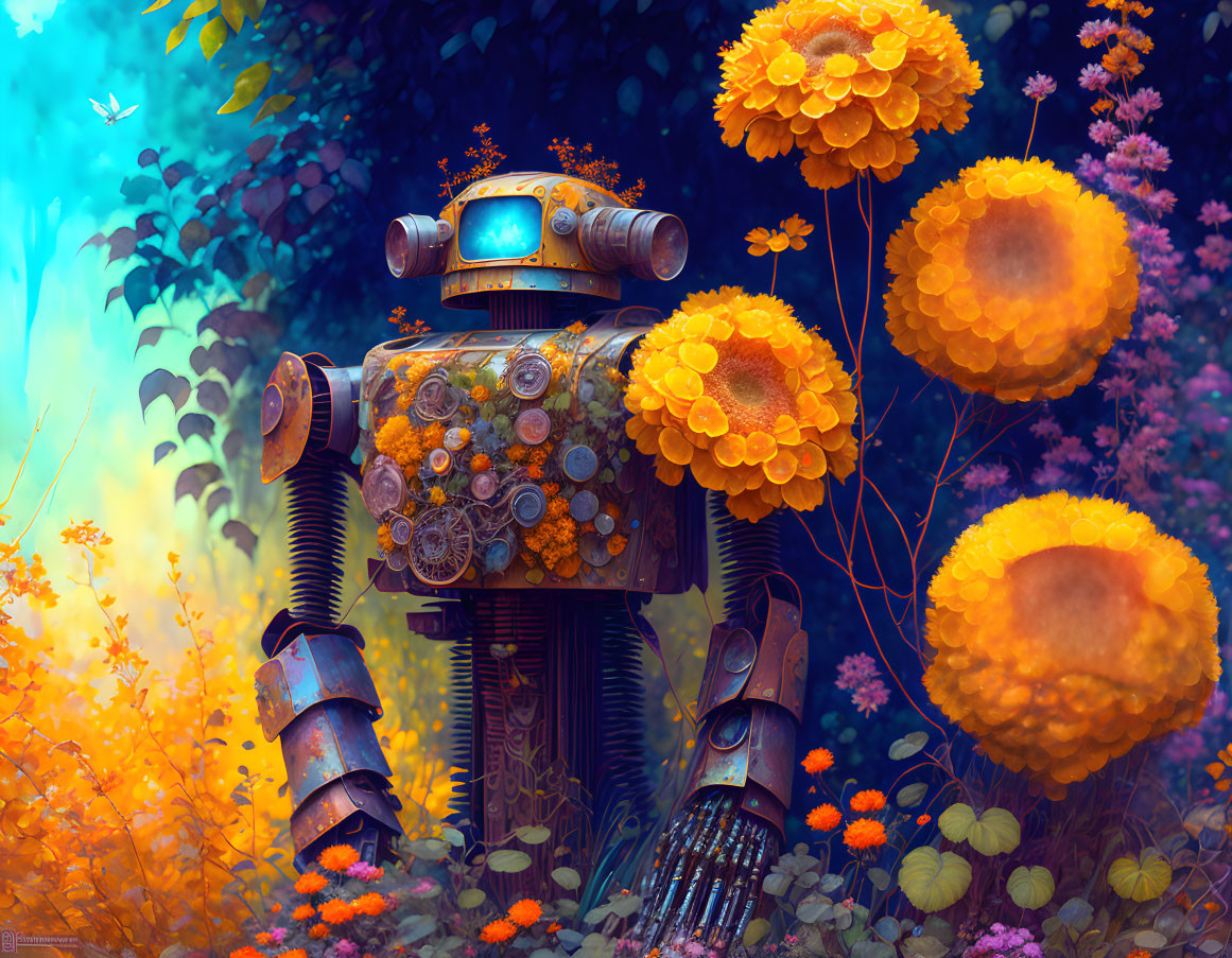 Rusty robot with camera-head in vibrant forest with orange flowers