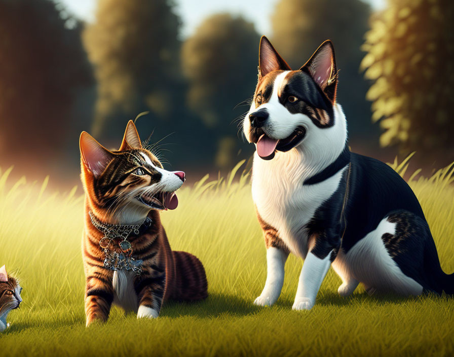 Cat hisses at calm Corgi in sunny field with another cat observing