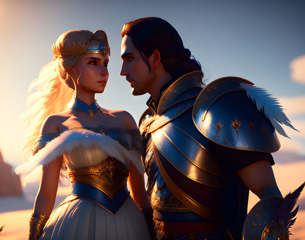 Animated man and woman in blue and gold armor gazing at twilight landscape