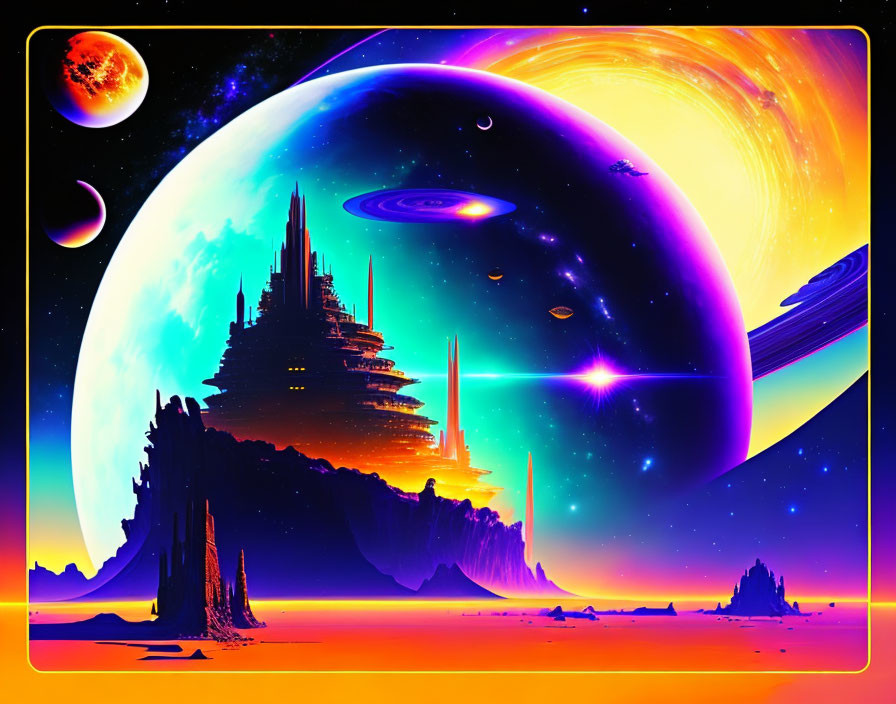 Colorful sci-fi landscape with large planet, celestial rings, futuristic buildings, starry sky.