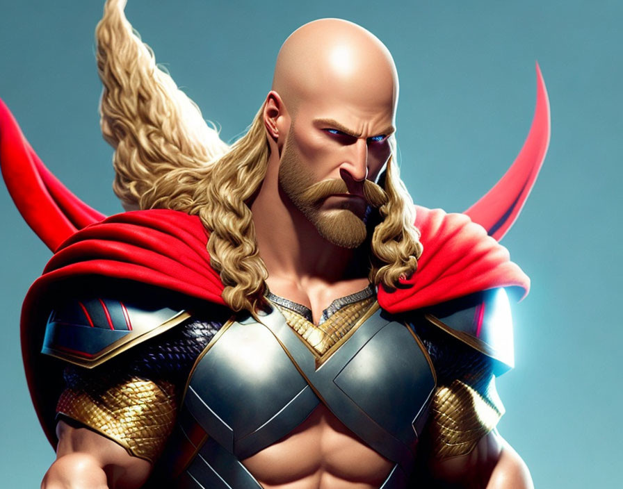 Animated warrior with bald head and blond beard in armor and cape on blue background