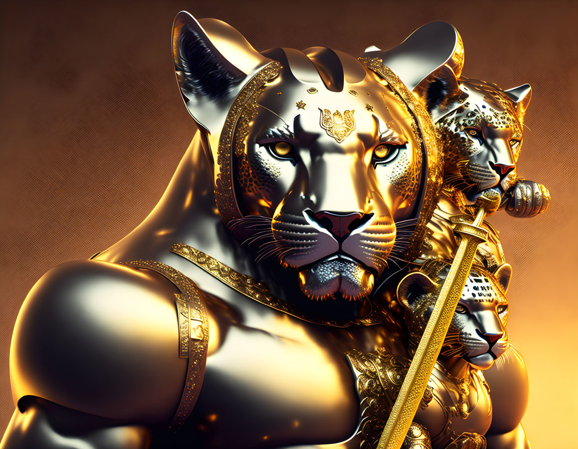 Golden panthers with sword and jewelry on fiery background.