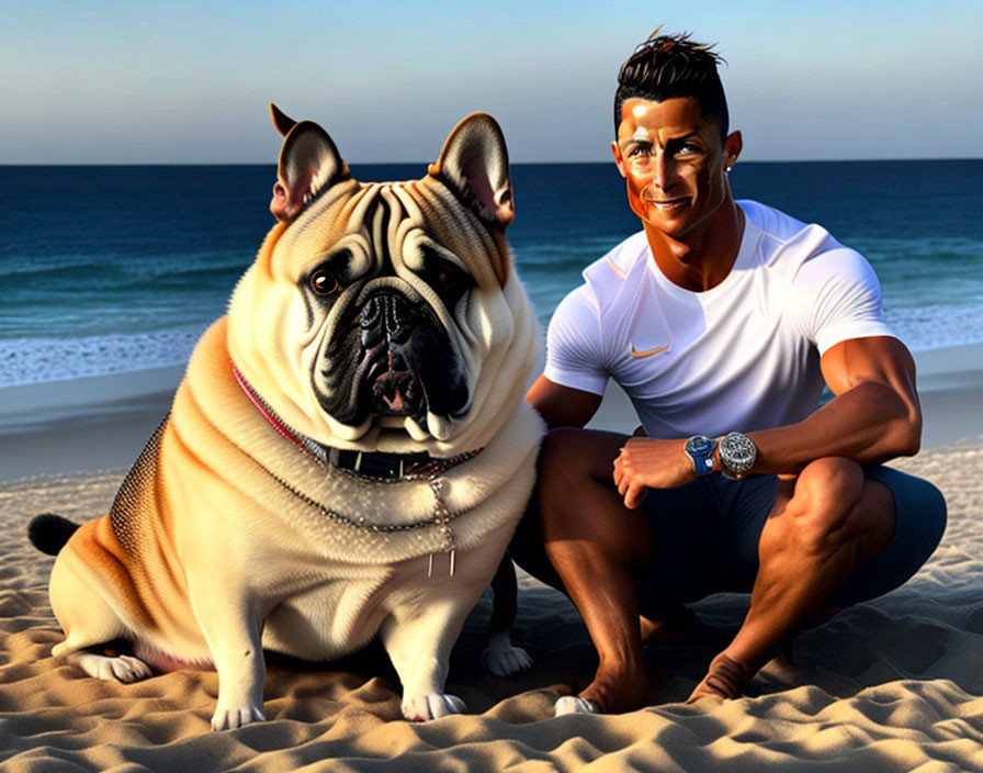 Muscular man and cartoon bulldog posing on beach with ocean background