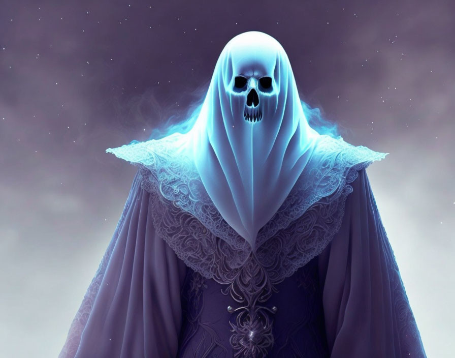 Ghostly Figure with Glowing Skull in Blue Cloak Against Starry Sky