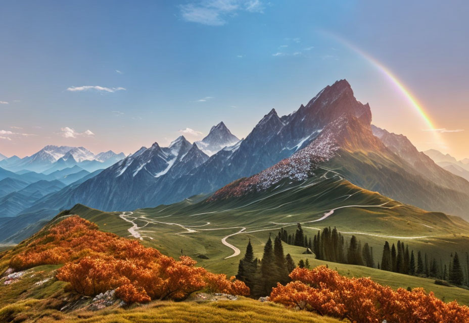 Scenic winding road through golden fields with majestic mountains and rainbow