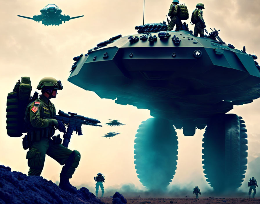 Futuristic soldiers with hovering tank and flying vehicle under cloudy sky