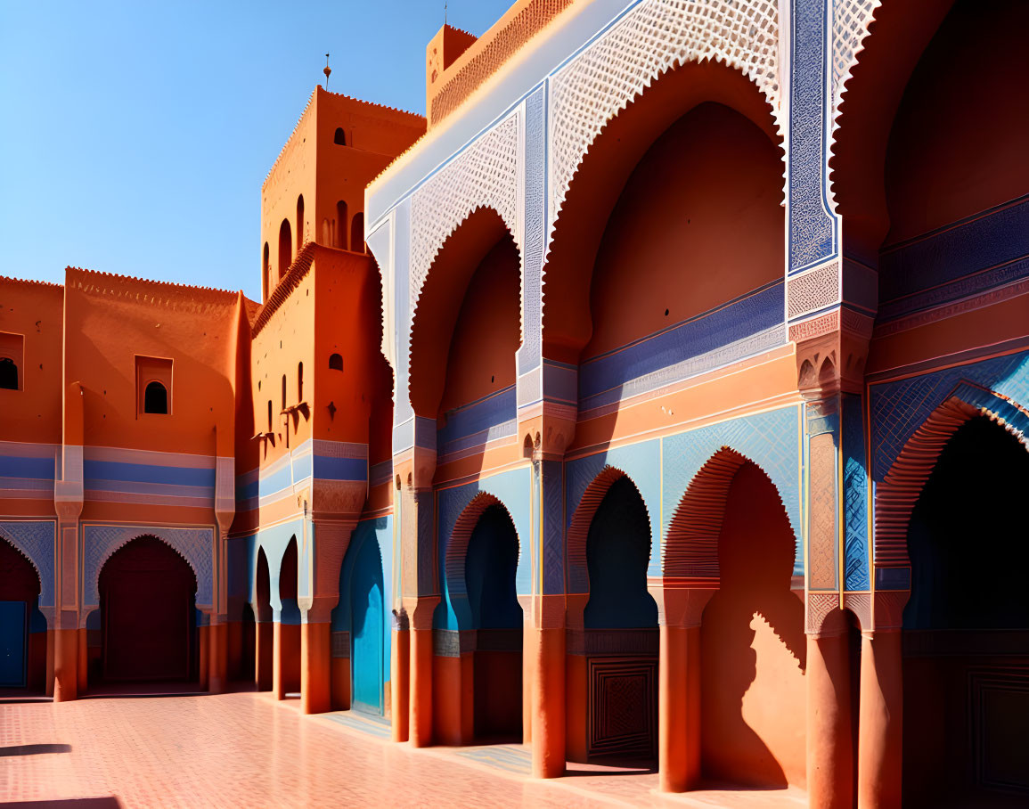 Traditional Moroccan architecture in sunlit courtyard with arched doorways and vibrant colors