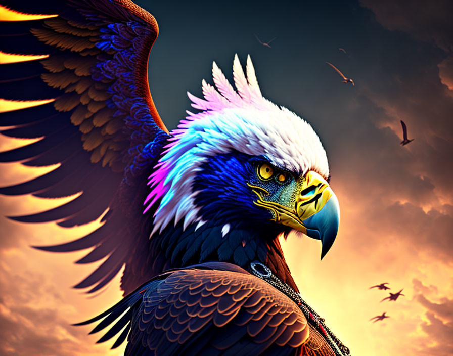 Majestic fantasy eagle with white head and golden beak in dramatic sunset sky